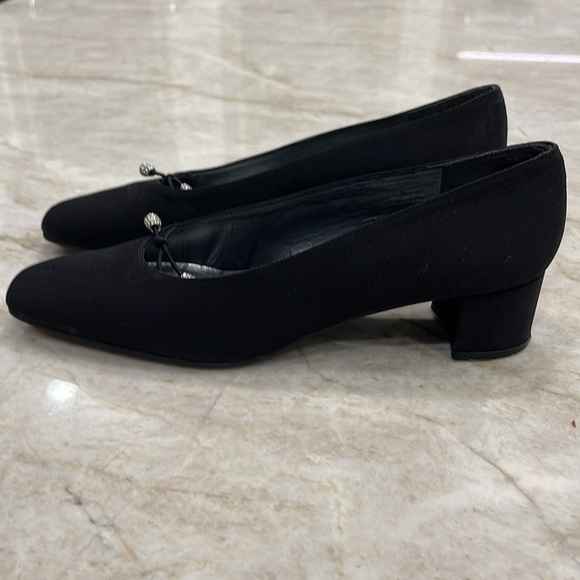VINTAGE Stuart Weitzman | Square Toe Block Heels | Black Fabric | 7 Narrow - Picture 3 of 10